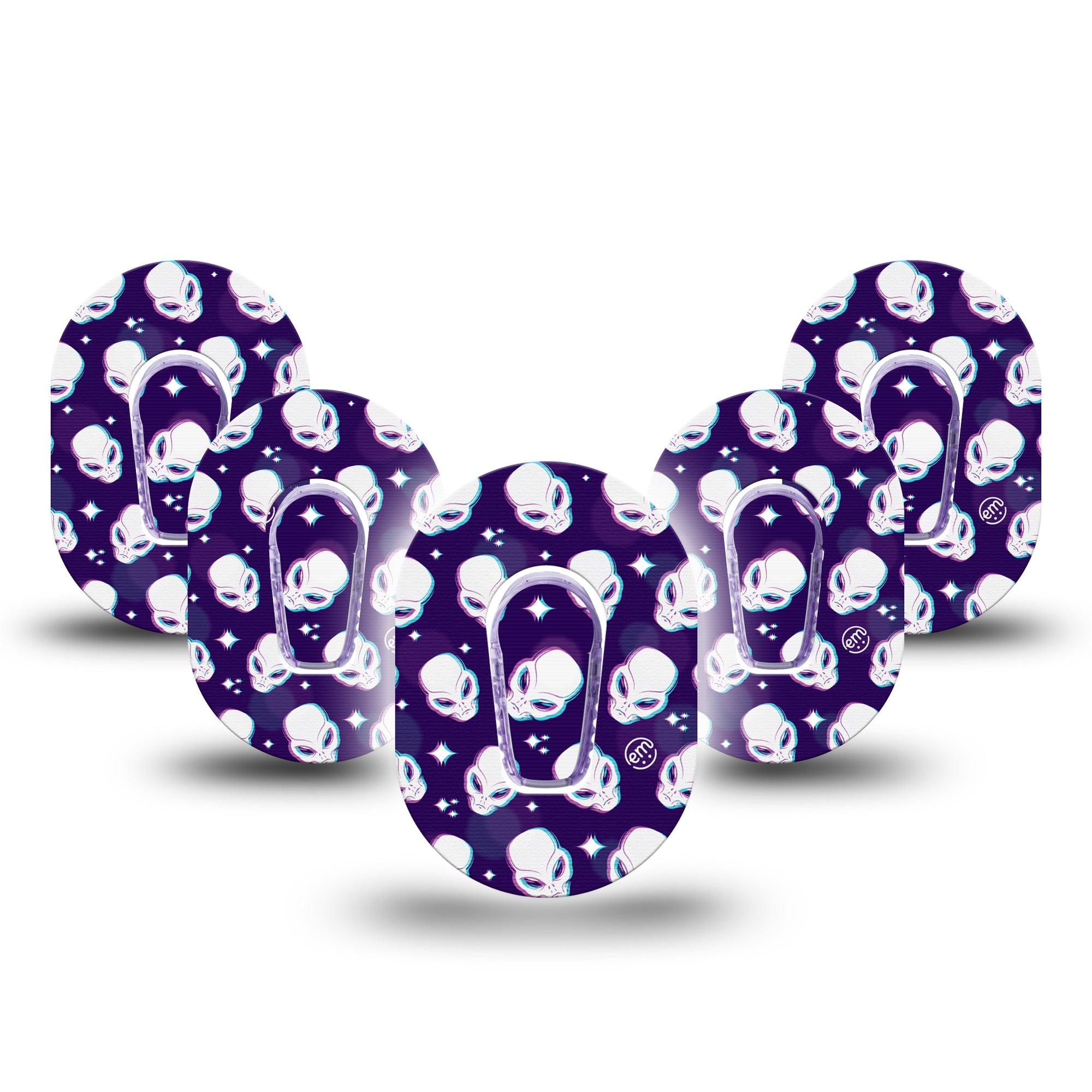Aliens Dexcom G6 Mini Tape, 5-pack Tape and 5-Pack Sticker, White alien heads over purple space galaxy theme cgm dexcom g6 mini overlay patch