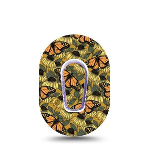ExpressionMed Coneflowers & Monarchs Dexcom G6 Mini Tape, Single Tape and Single Sticker, Yellow coneflowers and orange butterflies, CGM Plaster Patch Design