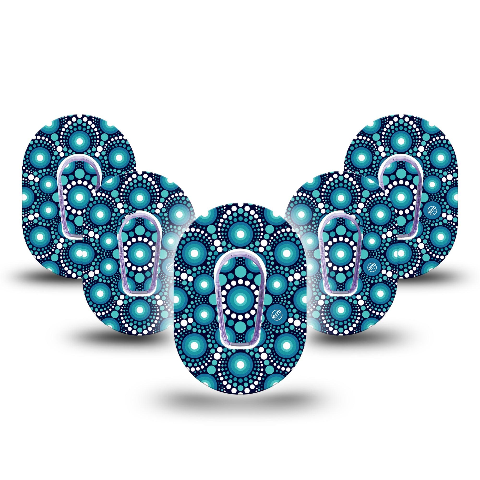 ExpressionMed Dot Art Dexcom G6 Mini Tape 5-Pack White and Blue Dots, CGM Fixing Ring Design with center stickers