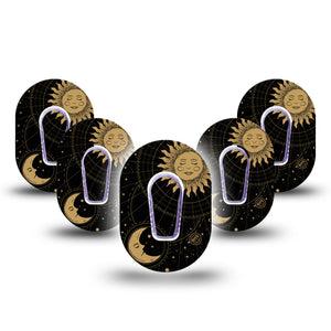 ExpressionMed Cosmic Vibes Dexcom G6 Mini Tape 5-Pack Mystical Sun and Moon, CGM Fixing Ring Patch Design with center stickers