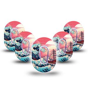 ExpressionMed Great Wave Dexcom G6 Mini Tape 5-Pack Stickers and Tapes, Oceanwave and Ship Artwork, CGM Overlay Patch Design