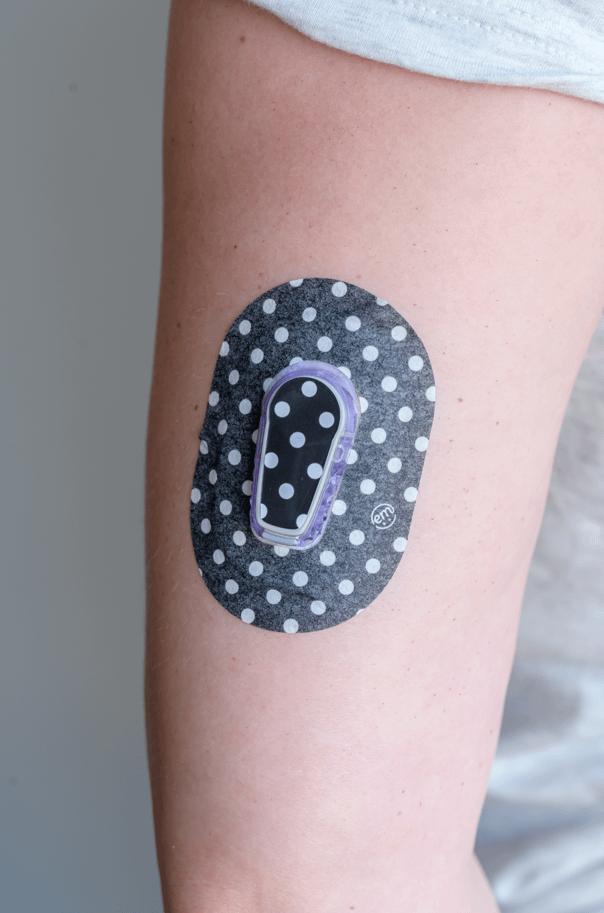 ExpressionMed, Black and White Polka Dots Dexcom G6 Mini Tape, Single Mini Tape and Single Sticker, Arm Wearing Black and White Polka Dots Themed CGM Adhesive Patch Design