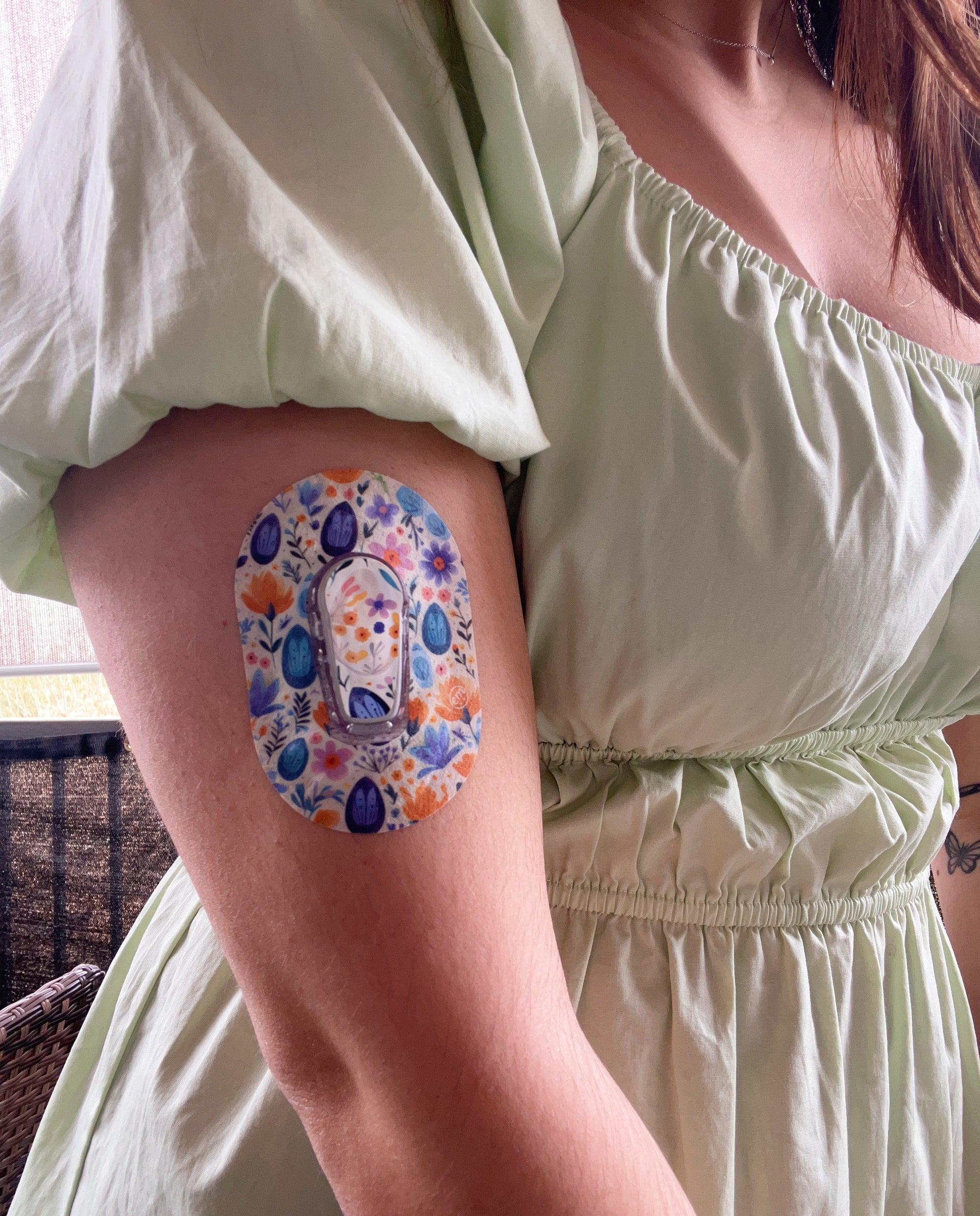 ExpressionMed, Easter Floral Dexcom G6 Mini Tape, Single Mini Tape and Single Sticker, Woman Wearing Easter Floral Designed CGM Adhesive Patch Design