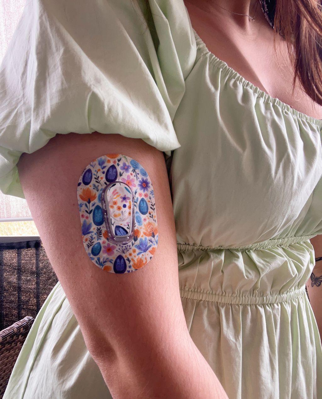 ExpressionMed Eastery Vibes Variety Pack Dexcom G6 Mini Tape, Single Tape and Single Sticker, Woman Wearing Floral Themed CGM Adhesive Patch Design