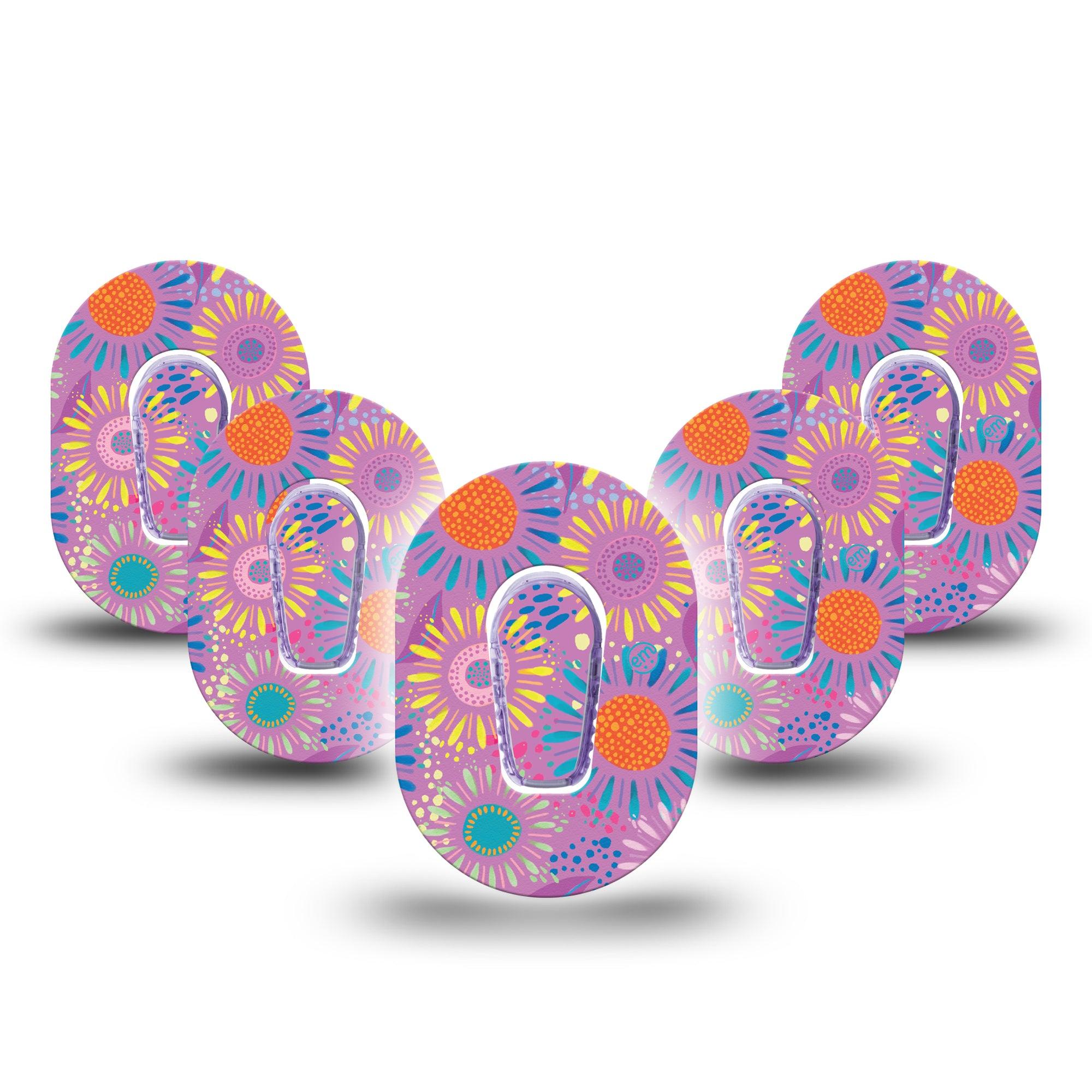 ExpressionMed Giant Daisies Dexcom G6 Mini 5-Pack Etta Vee Floral Artwork Adhesive Tape CGM Design with center stickers