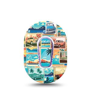 ExpressionMed Vintage Cars Dexcom G6 Mini Single Vintage Stamp Design Adhesive Tape CGM Design with center sticker