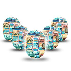 ExpressionMed Vintage Cars Dexcom G6 Mini 5-Pack Vintage Stamp Design Adhesive Tape CGM Design with center stickers