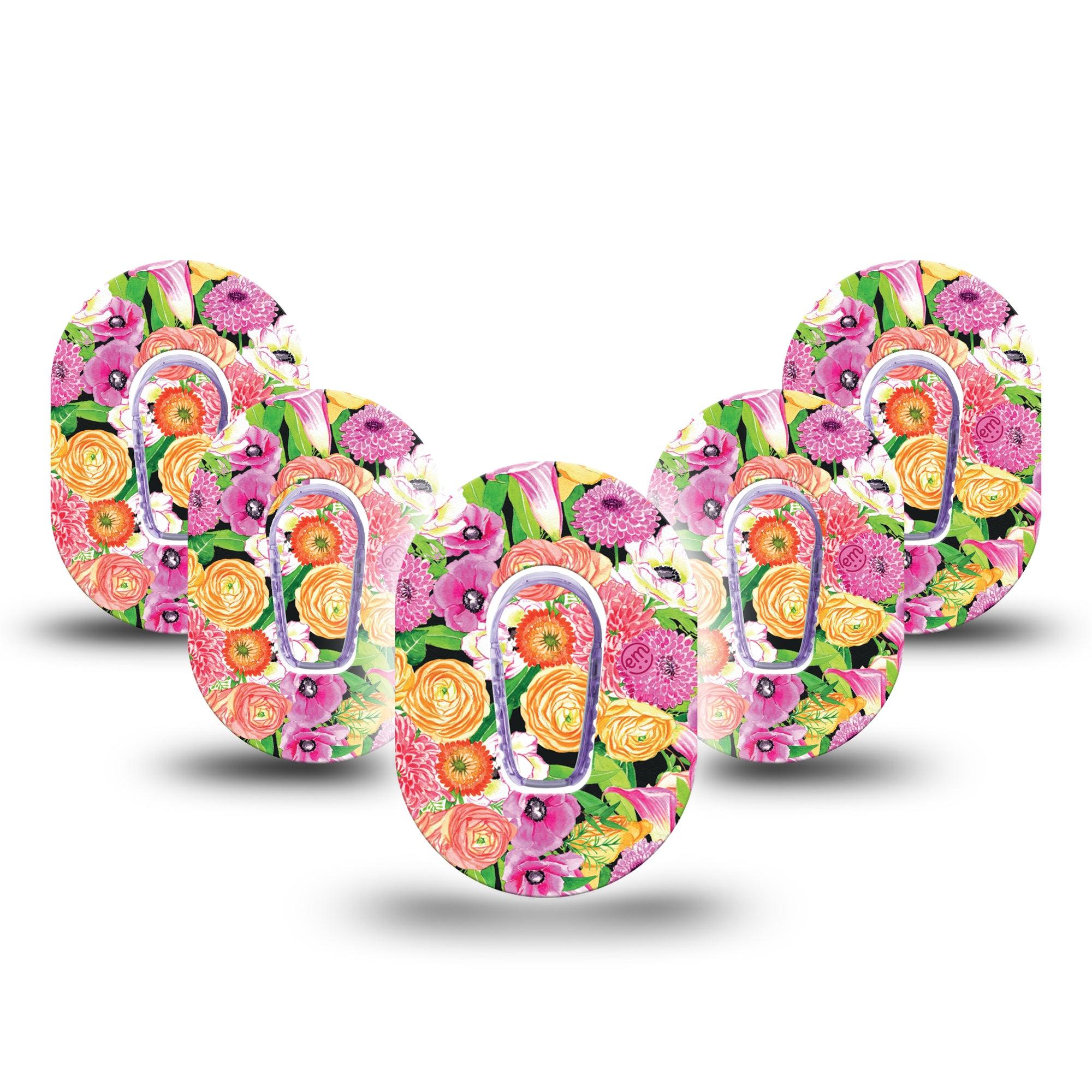 ExpressionMed Hand Painted Flowers Dexcom G6 Mini Tape 5-Pack Tape + 5-Pack Sticker Pictured Pink Flowers Adhesive Tape CGM Design