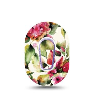ExpressionMed Floral Romance Dexcom G6 Mini Tape, Single Sticker and Tape, Watercolor painted magenta florals, CGM Fixing Ring Patch Design 