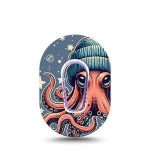 ExpressionMed Hipster Octopus Dexcom G6 Mini Tape Single Tape and Single Sticker Beanie Wearing Octopus Adhesive Tape CGM Design