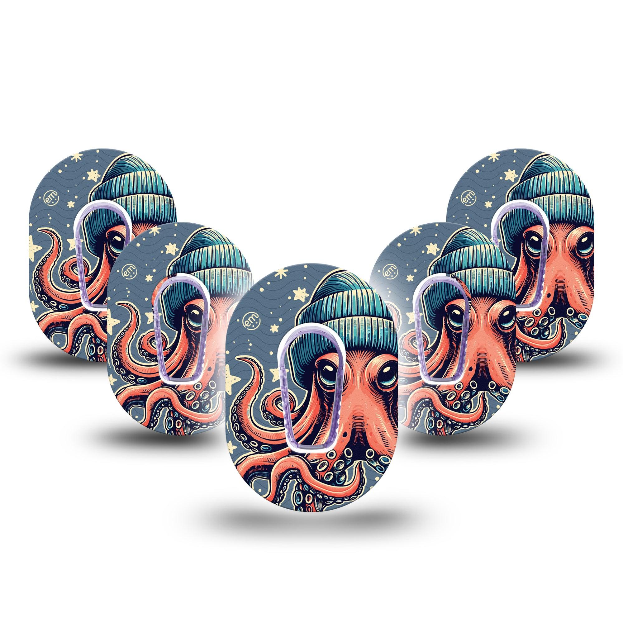 ExpressionMed Hipster Octopus Dexcom G6 Mini Tape 5-Pack Tape and 5-Pack Sticker Imagitive Octopus Creature Adhesive Tape CGM Design