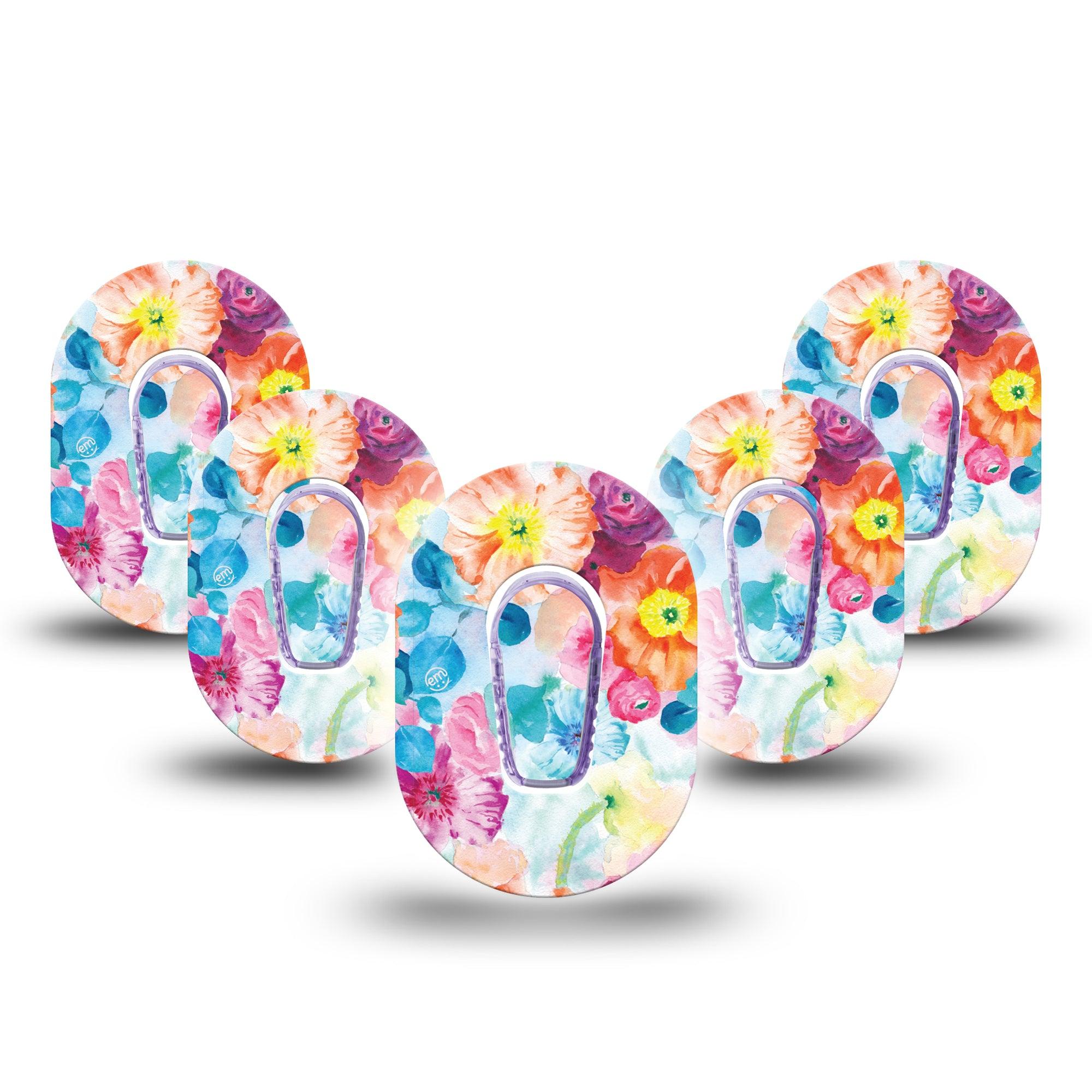 ExpressionMed Watercolor Poppies Dexcom G6 Mini Tape 5-Pack Tape + 5-Pack Sticker Light-colored Flowerets,  Adhesive Tape CGM Design