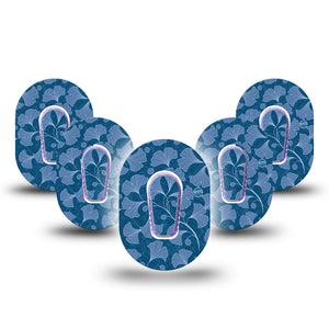 Blue Ginkgo Leaves Dexcom G6 Mini Patch, 5-pack, Blue Floral CGM Adhesive Tape Design with center stickers