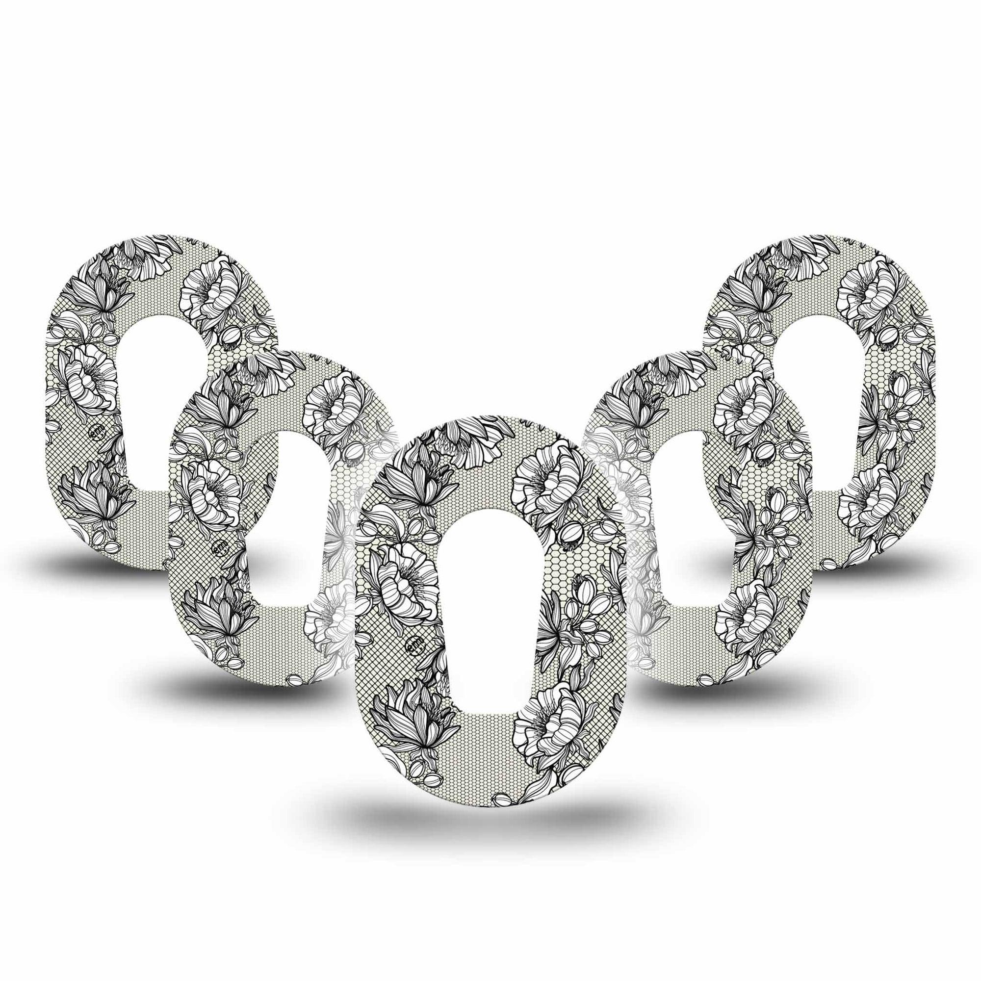 Black Lace Dexcom G6 Mini Patch, 5-pack, floral lace themed cgm adhesive tape design