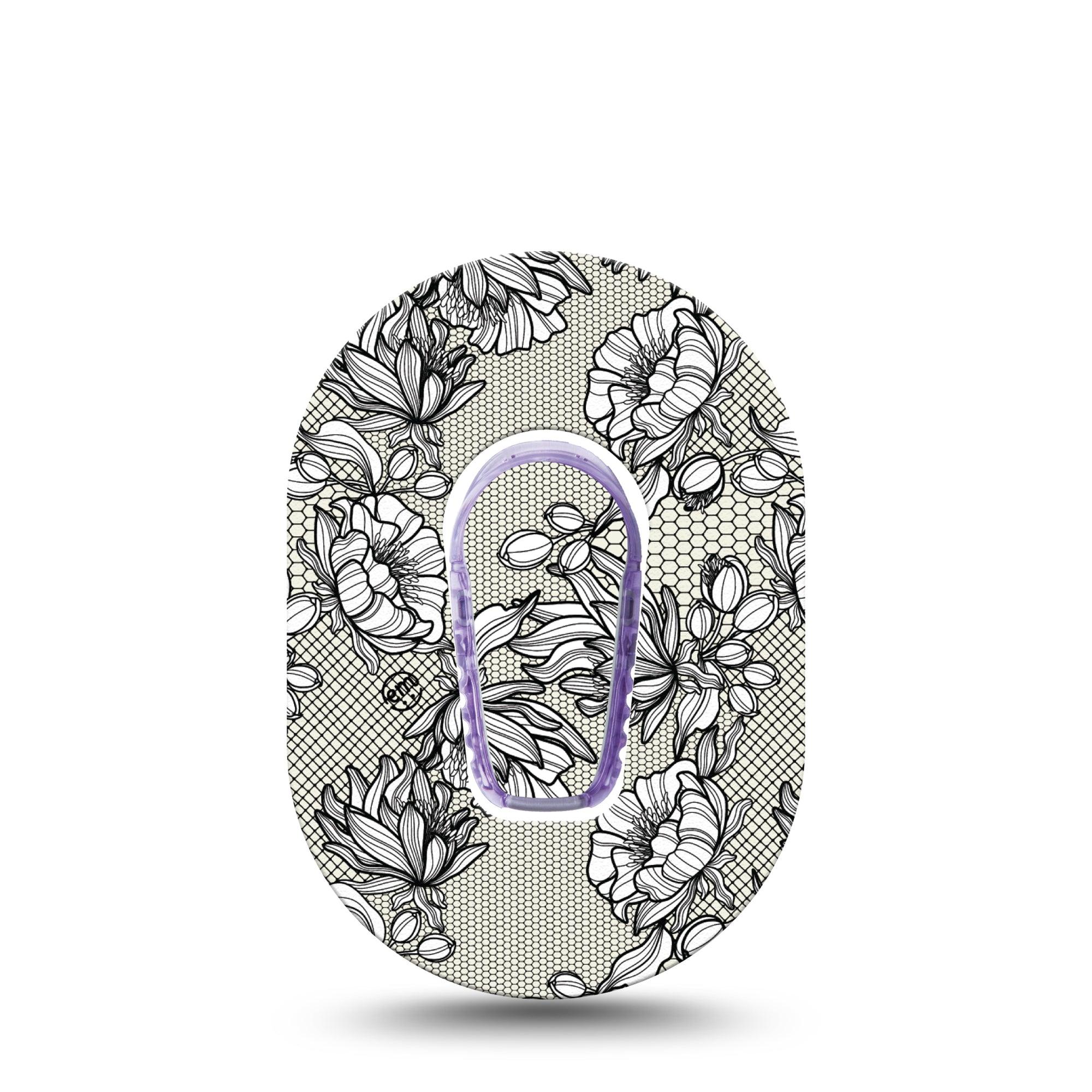 Black Lace Dexcom G6 Mini Patch, single sticker and tape, floral lace themed cgm adhesive tape design