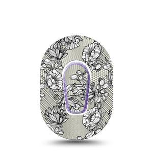 Black Lace Dexcom G6 Mini Patch, single sticker and tape, floral lace themed cgm adhesive tape design