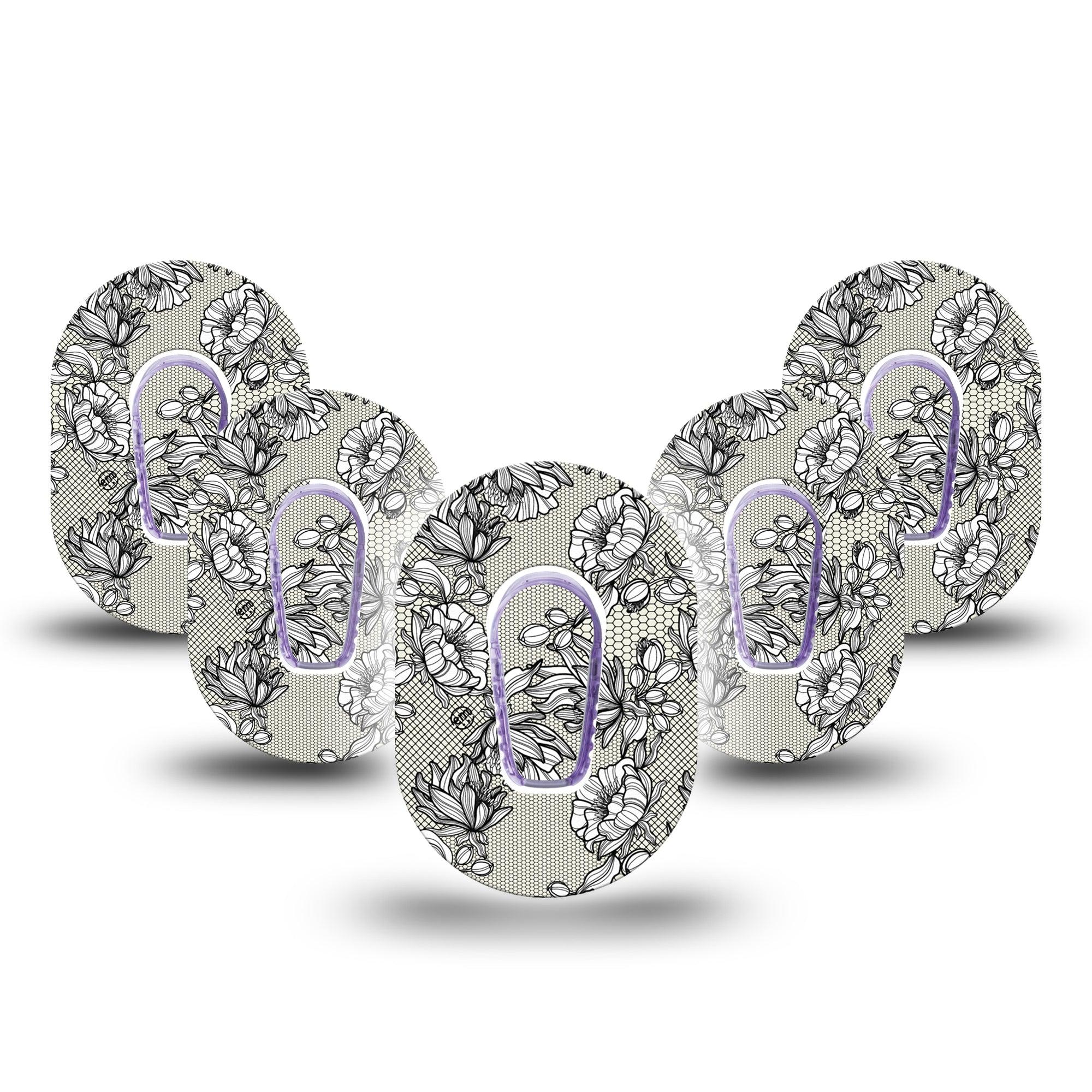 Black Lace Dexcom G6 Mini Patch, 5-pack stickers and tape, floral lace themed cgm adhesive tape design