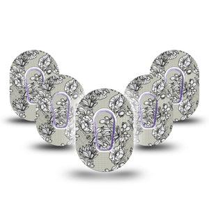 Black Lace Dexcom G6 Mini Patch, 5-pack stickers and tape, floral lace themed cgm adhesive tape design