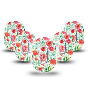 Wild Poppies Dexcom G6 Mini Adhesive Tape, 5-Pack Tape and Sticker, Floral CGM Adhesive Patch Design