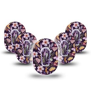 ExpressionMed Moody Blooms Dexcom G6 Mini Adhesive Tape, 5-Pack Tape and 5-Pack Sticker, Purple Floral Design, Waterproof CGM Adhesive Patch