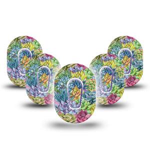 Blue Succulents Dexcom G6 Mini Tape, 5- Pack Tape and Sticker, Vibrant-colored Florals Inspired, CGM Fixing Ring Design