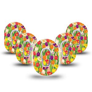 Tulips Dexcom G6 Mini Tape, 5-Pack, Blossoming Flowers Inspired, CGM Patch Design with Center Stickers