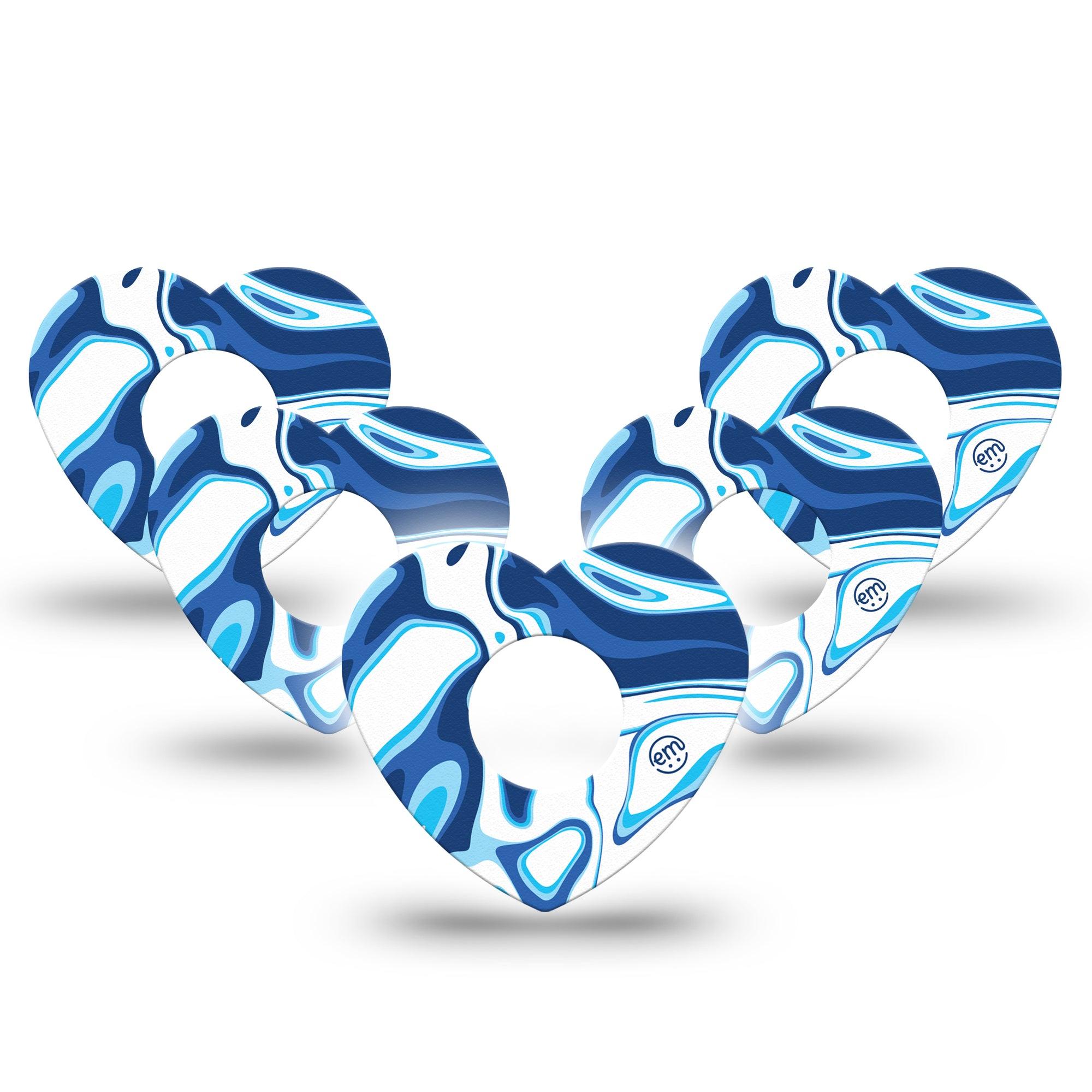 ExpressionMed, Blue Marble Heart Infusion Supporter Tape, 5-Pack, Variety of Blue colored Swirl Theme CGM Heart Shaped Plaster Patch Design