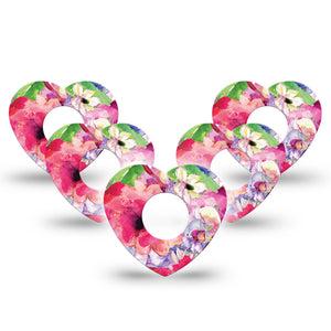 ExpressionMed Watercolor Red Flowers Infusion Set Heart Shape Tape 10-Pack Lively Pink Garden Adhesive Tape Continuous Glucose Monitor Design