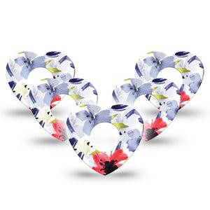 ExpressionMed Red White & Blue Flowers Infusion Set Heart Shape Tape 10-Pack Red, Blue Adhesive Tape Continuous Glucose Monitor Design