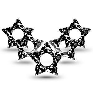ExpressionMed Fleur de lis Infusion Set Star Shape Tape 10-Pack Black and white floral Overlay Patch Continuous Glucose Monitor Design