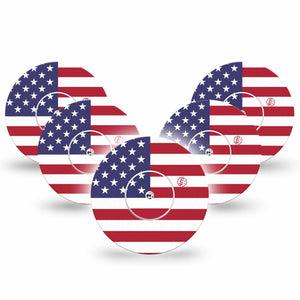 ExpressionMed U.S. Flag Freestyle Libre and Libre 2 Plus Tape, Abbott Lingo, 5-Pack Tape + 5-Pack Sticker Stars And Stripes Inspired, Fixing Ring Tape Continuous Glucose Monitor Design