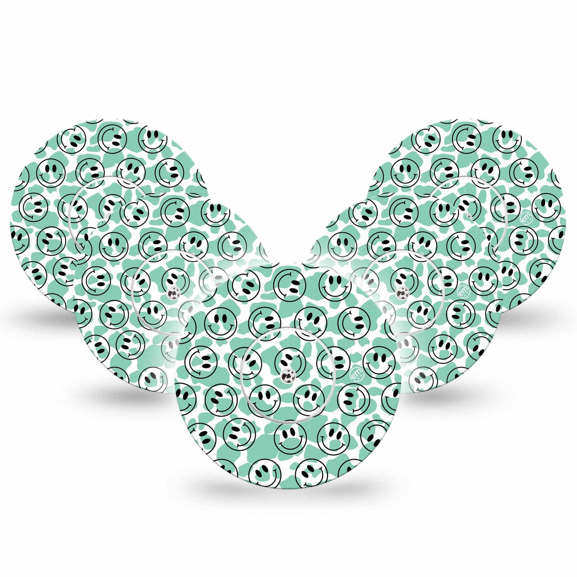 ExpressionMed Happy Cow Print Freestyle Libre and Libre 2 Plus Tape, Abbott Lingo, 5-Pack Tape + 5-Pack Sticker Smiling Cow, Fixing Ring Tape Continuous Glucose Monitor Design