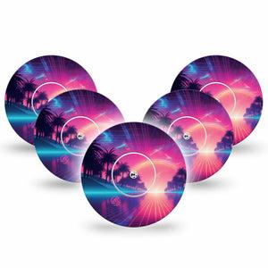 ExpressionMed Neon Synthwave Freestyle Libre and Libre 2 Plus Tape, Abbott Lingo, 5-Pack Tape + 5-Pack Sticker Psychedelic Sun and Trees, Fixing Ring Tape Continuous Glucose Monitor Design