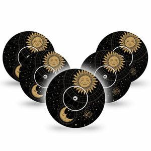 ExpressionMed Cosmic Vibes Libre Tape 5-Pack Oriental Sun and Moon, CGM Fixing Ring Patch Design, Abbott Lingo with center stickers