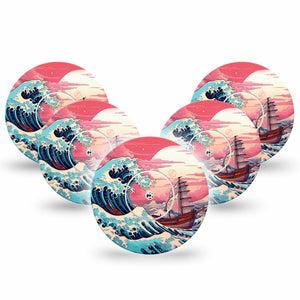 ExpressionMed Great Wave Libre Tape 5-Pack Stickers and Tapes, Tidal Waves, CGM Fixing Ring Patch Design, Abbott Lingo