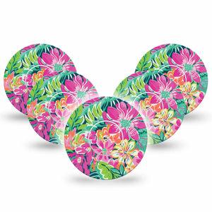 ExpressionMed Tropic Burst Libre Tape, 5-Pack Tape and 5-Pack Sticker, Delicate Flowers, CGM Fixing Ring Patch Design, Abbott Lingo