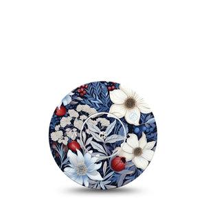 ExpressionMed Winter Floral Freestyle Libre Tape, Single Tape and Single Sticker, Blue & White Floral CGM Overlay Tape Design, Abbott Lingo