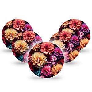 ExpressionMed Dahlia Bouquet Freestyle Libre 5-Pack Floral Dahlia Pattern Fixing Ring Tape Continuous Glucose Monitor Design, Abbott Lingo with center stickers