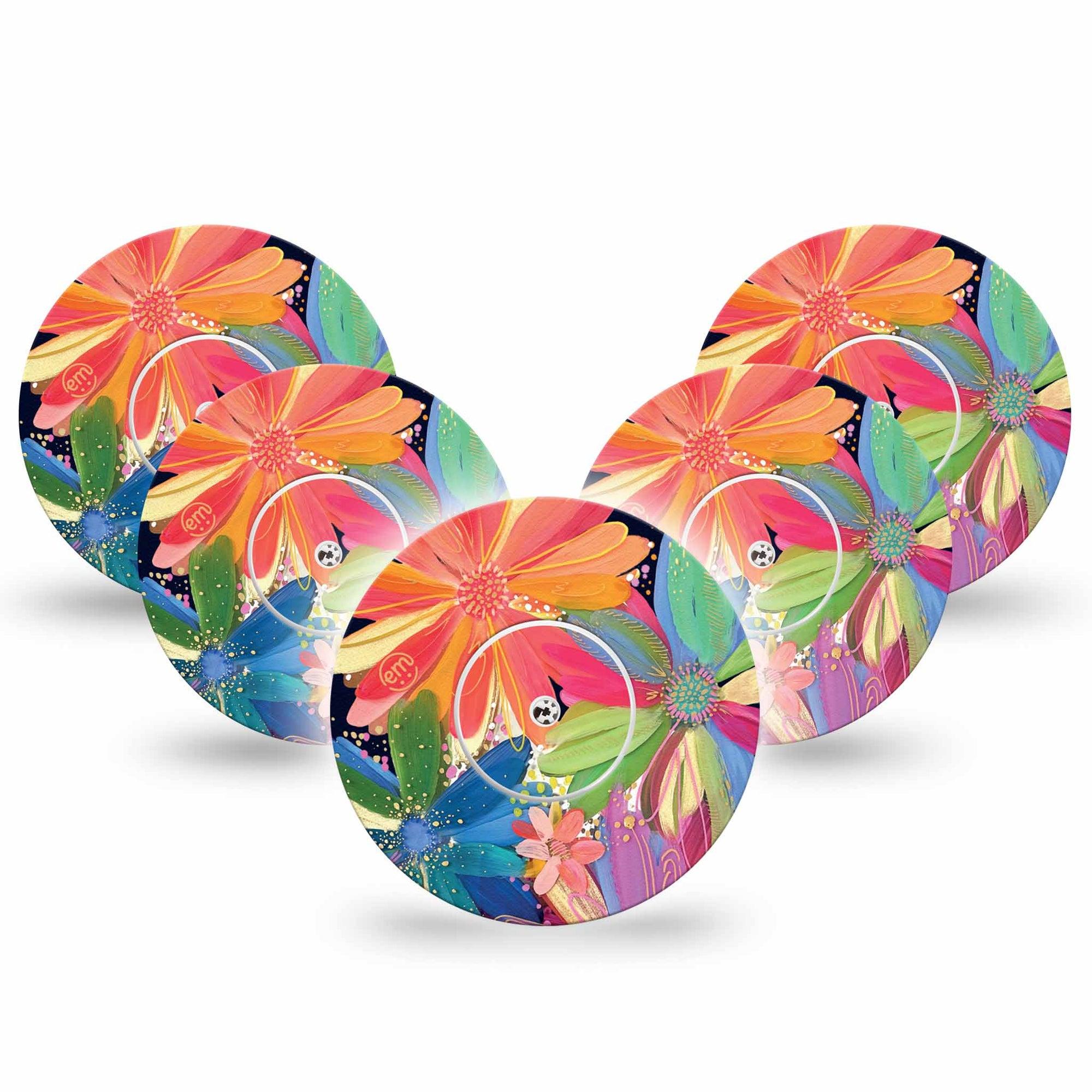ExpressionMed Flower Song Freestyle Libre 5-Pack Exclusive Etta Vee Art Fixing Ring Tape Continuous Glucose Monitor Design, Abbott Lingo with center stickers