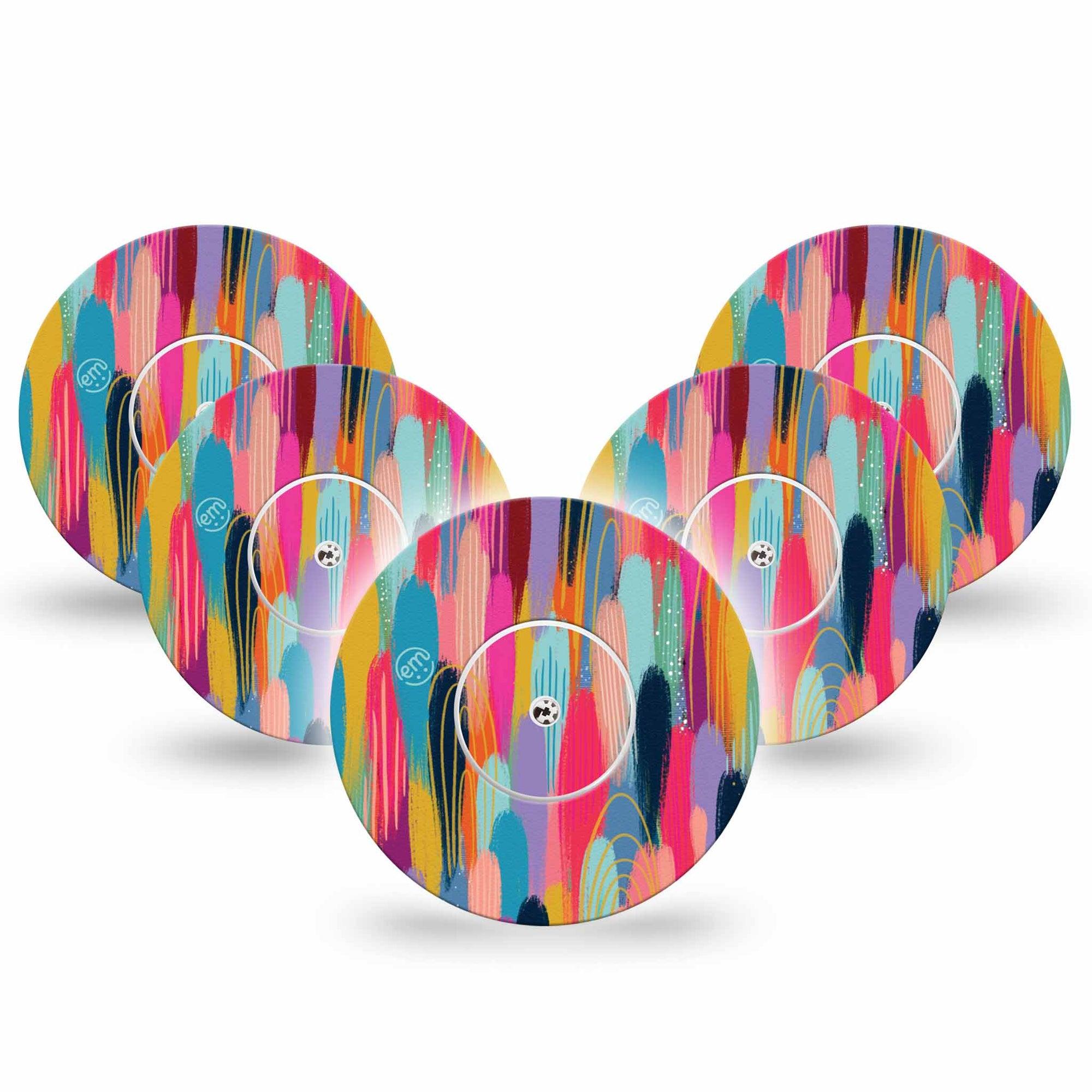 ExpressionMed Brush Strokes Freestyle Libre 5-Pack Vibrant Etta Vee Design Fixing Ring Tape Continuous Glucose Monitor Design, Abbott Lingo with center stickers