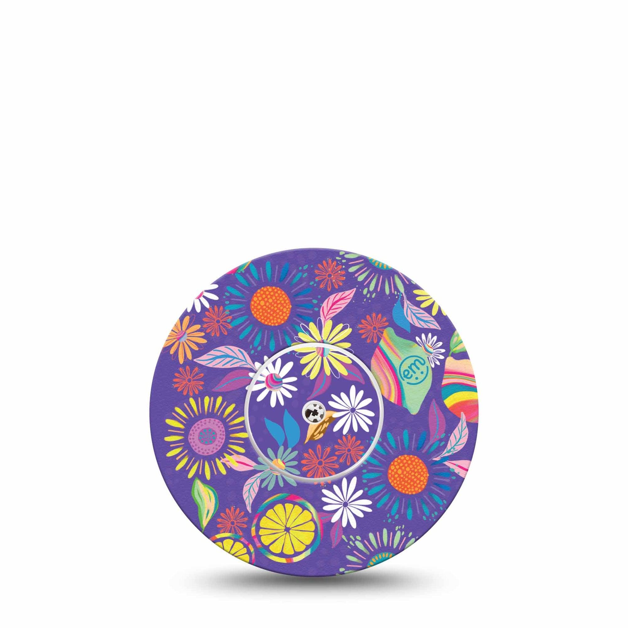 ExpressionMed Purple Flowers Freestyle Libre Single Exclusive Etta Vee Art Fixing Ring Tape Continuous Glucose Monitor Design, Abbott Lingo with center sticker