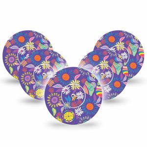 ExpressionMed Purple Flower Freestyle Libre 5-Pack Exclusive Etta Vee Art Fixing Ring Tape Continuous Glucose Monitor Design, Abbott Lingo with center stickers