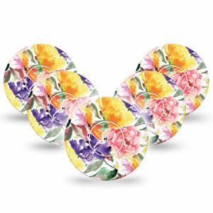 ExpressionMed Floral Art Freestyle Libre 5-Pack bloom texture Fixing Ring Tape Continuous Glucose Monitor Design, Abbott Lingo with center stickers
