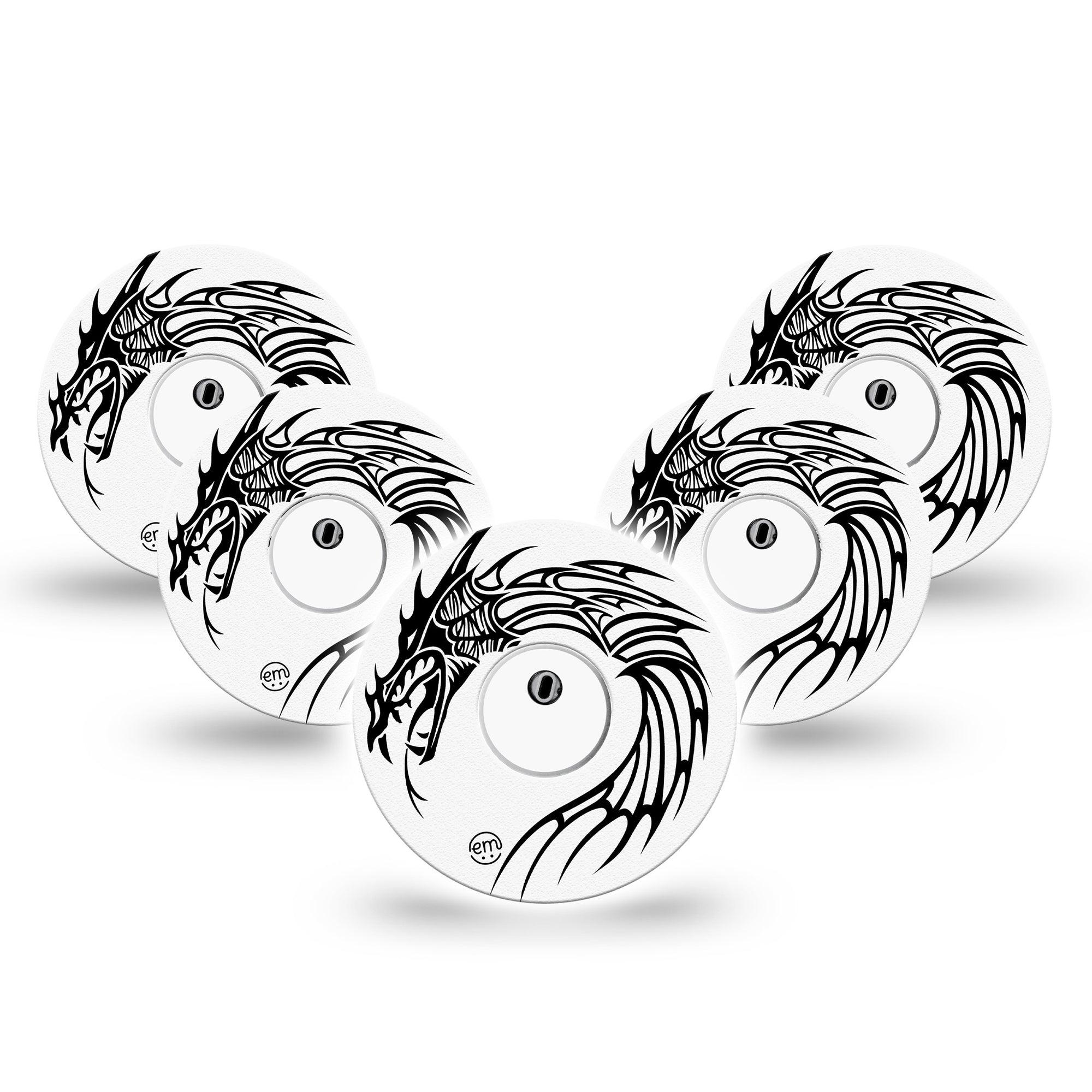 ExpressionMed Dragon Freestyle Libre 3 and Libre 3 Plus Tape, 5-Pack Tape and 5-Pack Sticker White dragon, Adhesive Tape Continuous Glucose Monitor Design