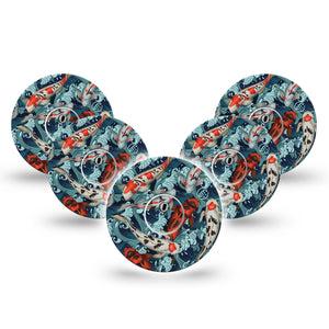 ExpressionMed Koi Freestyle Libre 3 and Libre 3 Plus Tape, 5-Pack Tape and 5-Pack Sticker Sea Creatures Inspired, Adhesive Tape Continuous Glucose Monitor Design