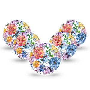 ExpressionMed Stylised Floral Freestyle Libre 3 and Libre 3 Plus Tape, 5-Pack Tape and 5-Pack Sticker Bloom Style, Adhesive Tape Continuous Glucose Monitor Design