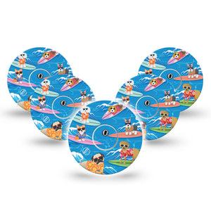 ExpressionMed Surfing Dogs Freestyle Libre 3 and Libre 3 Plus Tape, 5-Pack Tape and 5-Pack Sticker Animals Surfing Inspired, Adhesive Tape Continuous Glucose Monitor Design