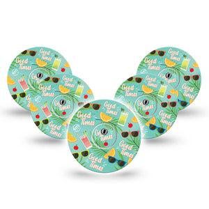 ExpressionMed Good Times Freestyle Libre 3 and Libre 3 Plus Tape, 5-Pack Tape and 5-Pack Sticker Beach Trip Inspired, Adhesive Tape Continuous Glucose Monitor Design