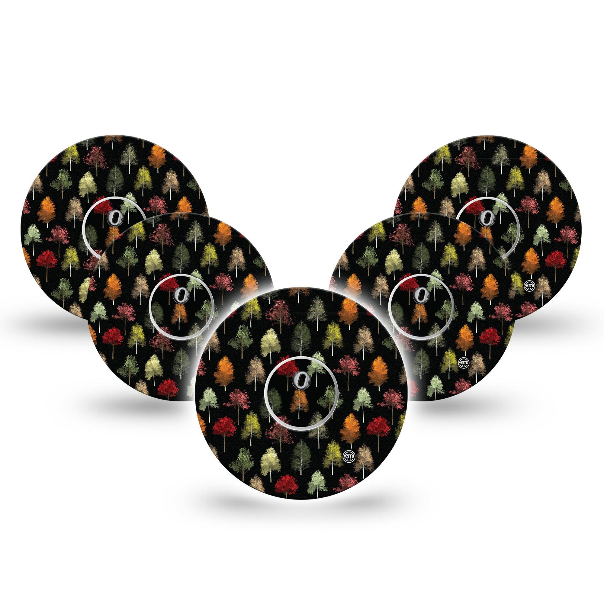 ExpressionMed Dark Forest Freestyle Libre 3 and Libre 3 Plus Tape, 5-Pack Tape and 5-Pack Sticker Multicolored Leaves, Adhesive Tape Continuous Glucose Monitor Design