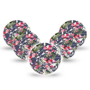 ExpressionMed Denim Flowers Freestyle Libre 3 and Libre 3 Plus Tape, 5-Pack Tape and 5-Pack Sticker Pink and White Petals on Jeans Inspired, Adhesive Tape Continuous Glucose Monitor Design